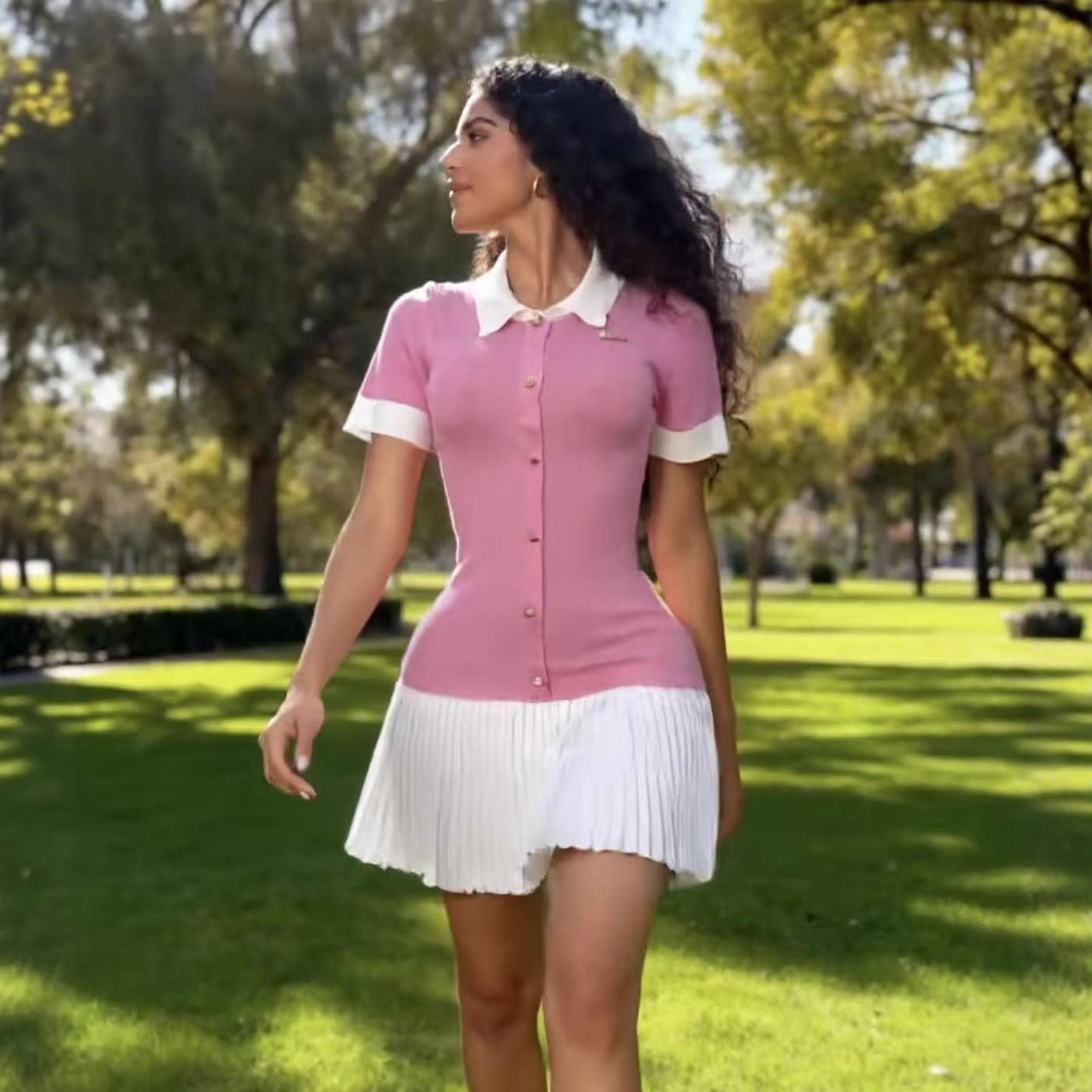 Women Contrast Color Turndown Collar Knitting Short-Sleeved Pleated Dress 7