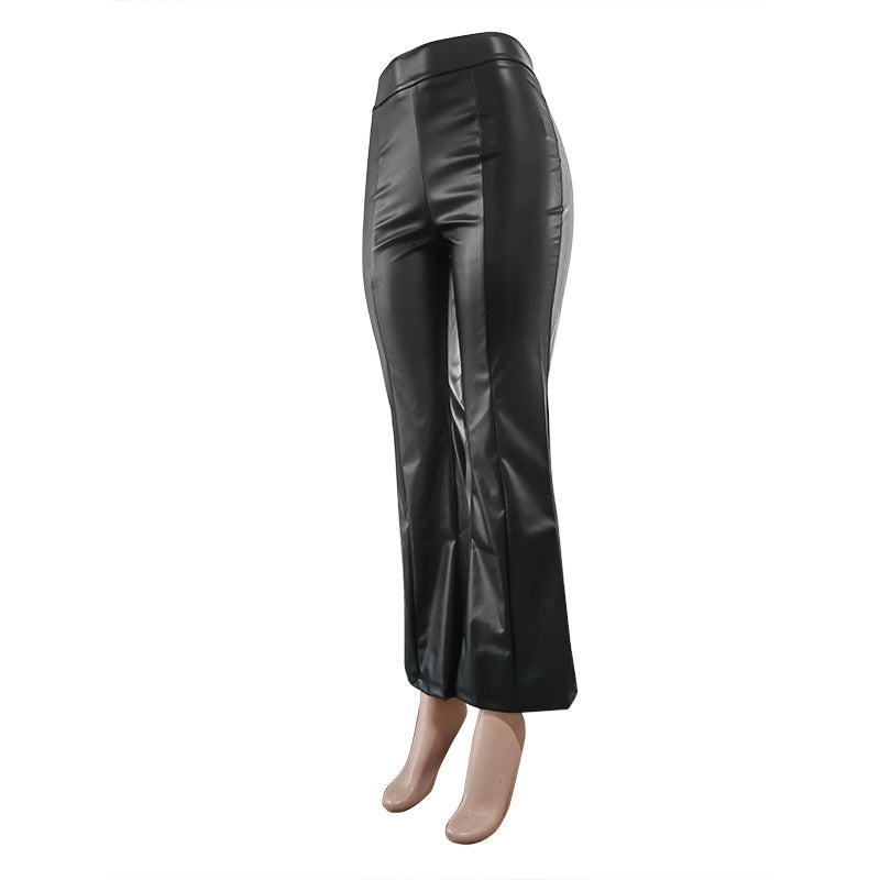 Women autumn black Pu-Leather Bell Bottom trousers 8