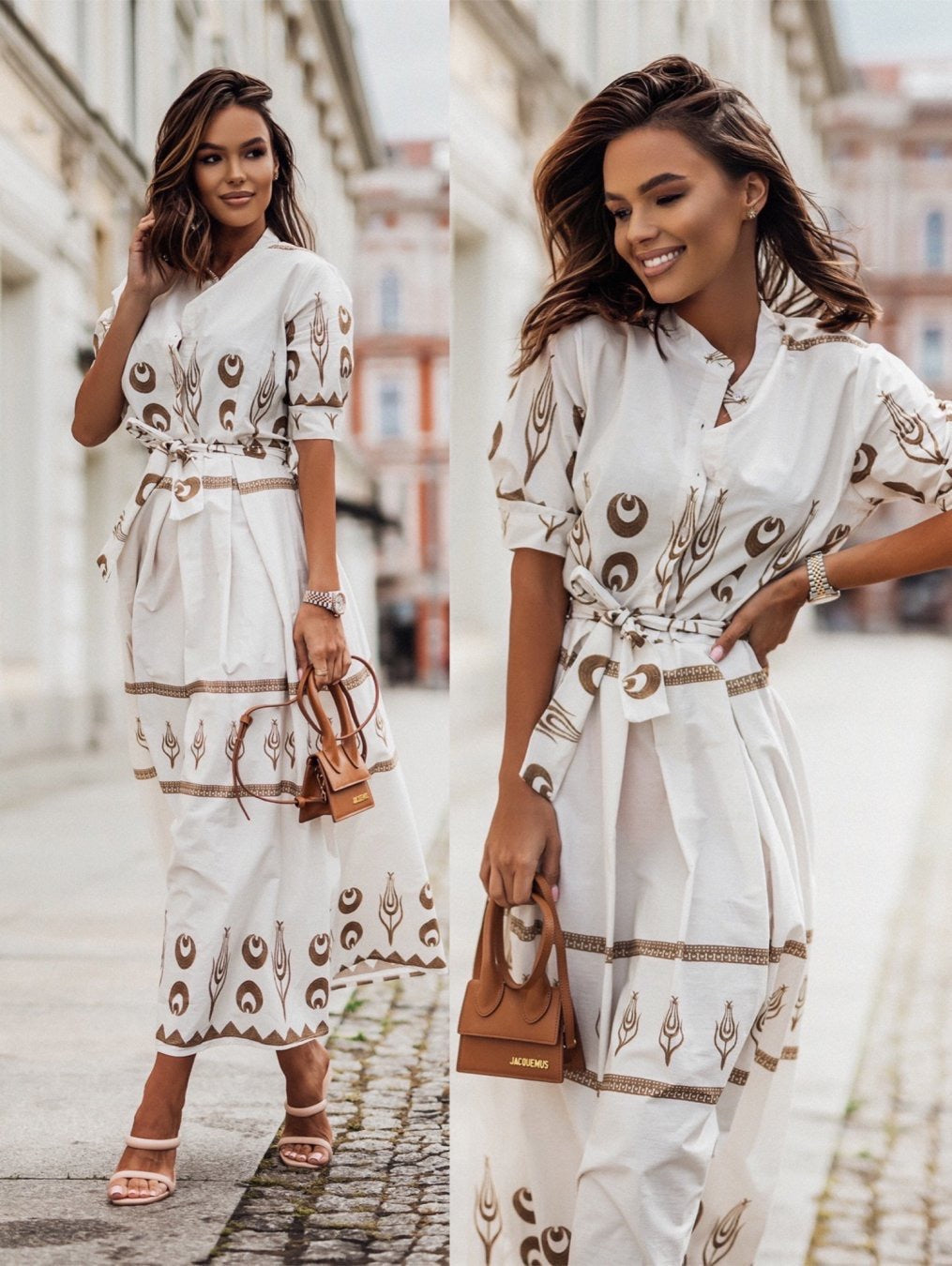 Women Printed Button Belt Shirt Dress 5
