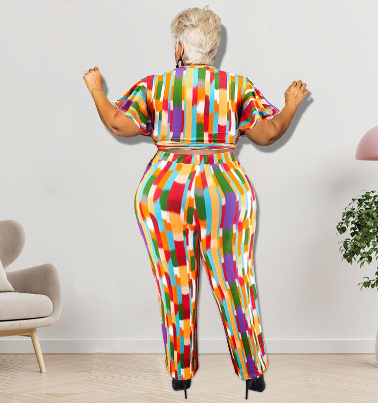 Plus Size Women's Spring Short Sleeve Top and Pants Set 4