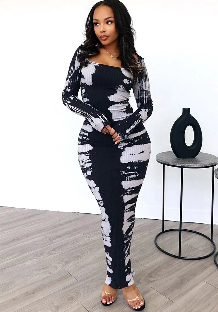 Women Spring Ribbed Printed Back Slit U-Neck Dress