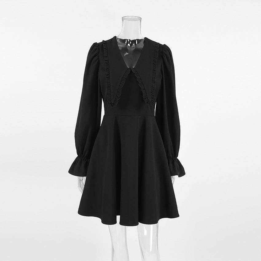 Autumn And Winter Black Sexy Turndown Collar Bell Bottom Long Sleeve Slim Short Dress 9