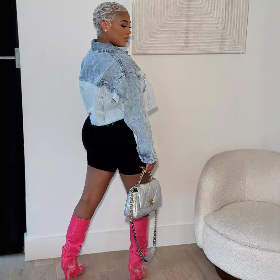 Women Casual Color Block Single Breasted Long Sleeve Denim Jacket 3