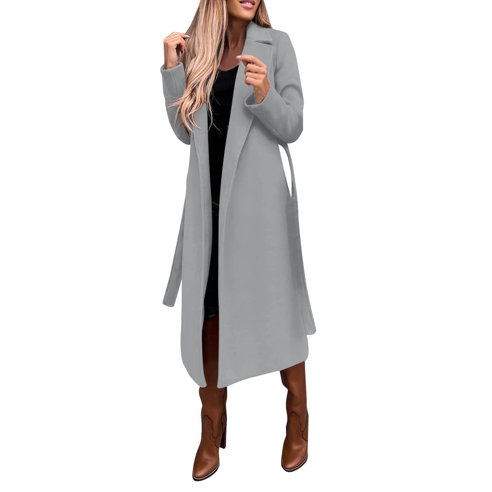 Women Solid Turndown Collar Long Sleeve Lace-Up Coat 18
