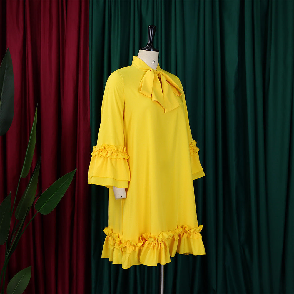 Women Loose CasualRuffle Edge Solid Dress 20