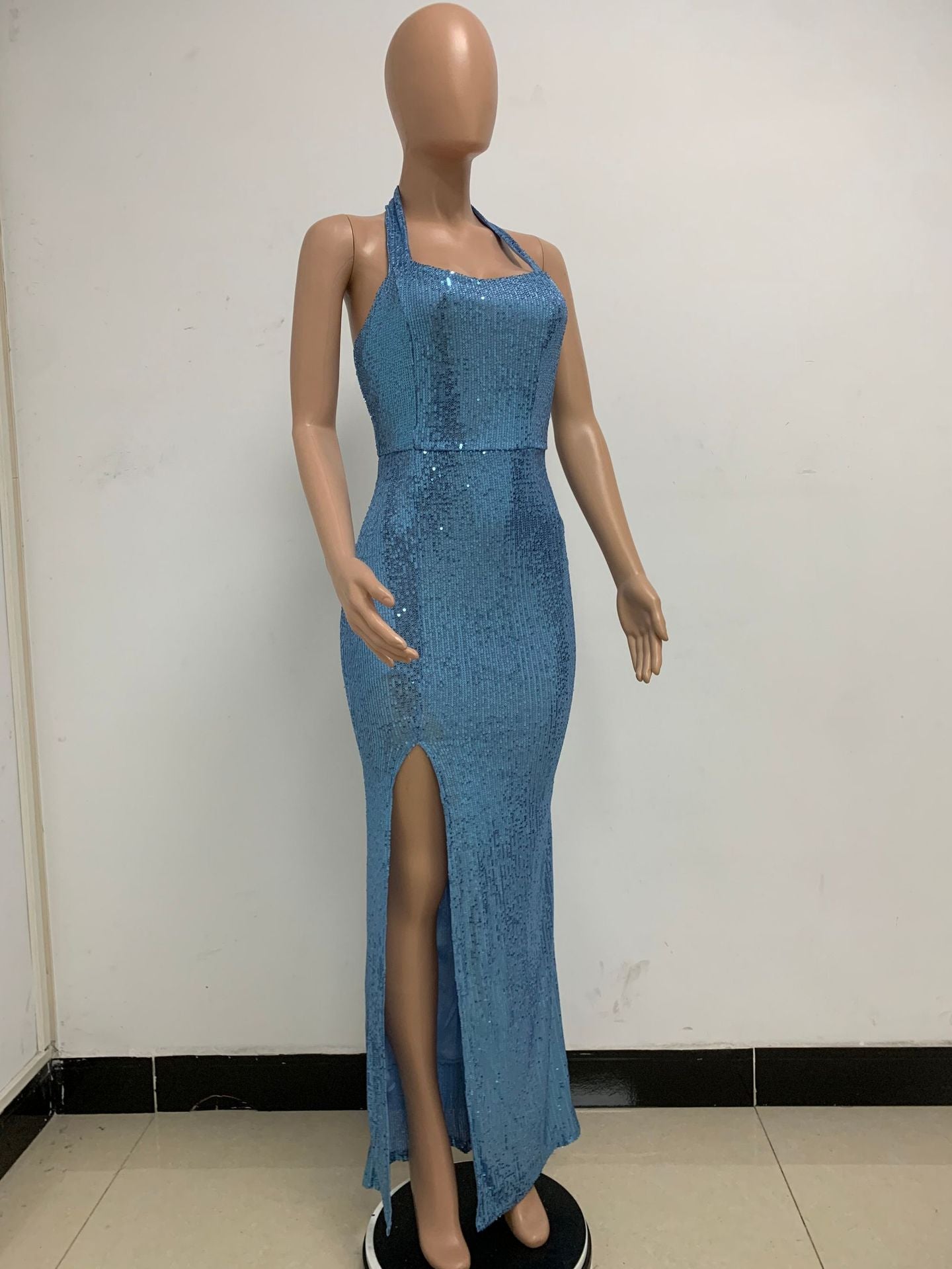 Women Sleeveless Halter Neck Backless Sequin Slit Evening Dress 67