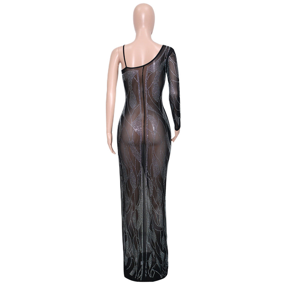 Women Sexy See-Through Beaded Long Sleeve Dress 12