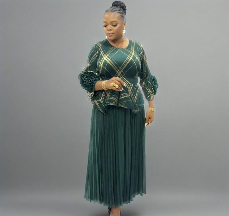 Plus Size Women Pleated Hand-Shaped Flower Irregular Shiny Print Maxi Dress