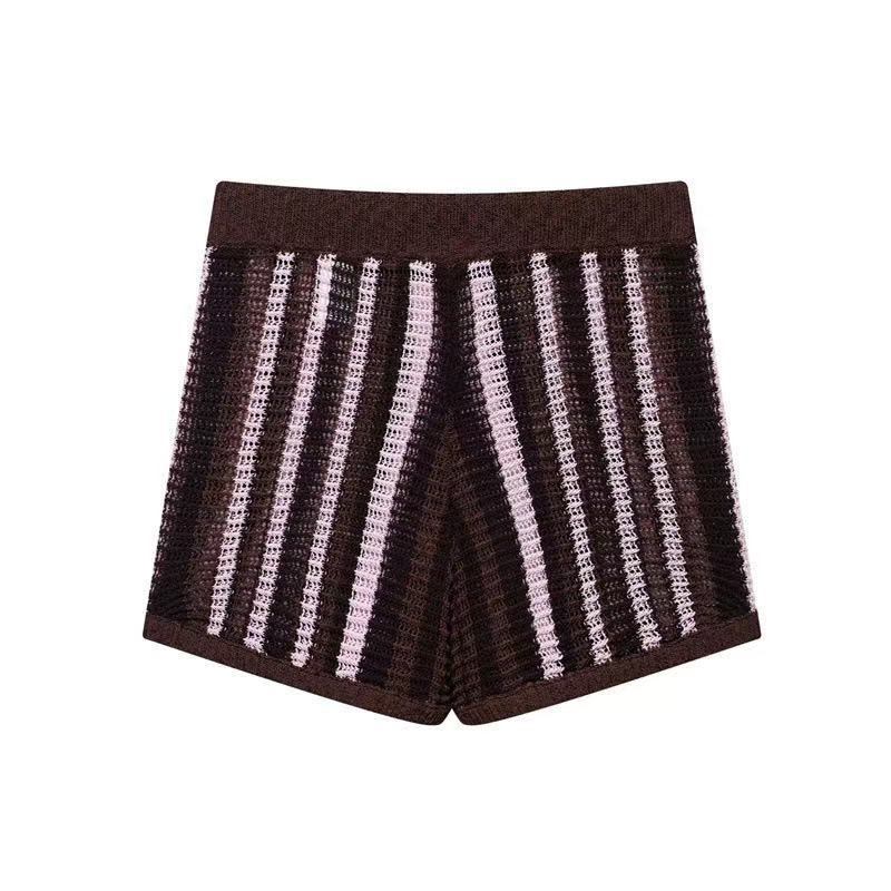 Fashion Striped Turndown Collar Short-Sleeve Top & Shorts Knit Set 12