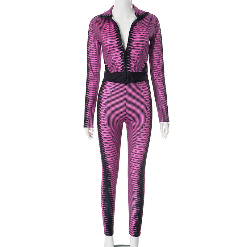 Women's autumn and winter contrast stripe print Stand Collar zipper top trousers yoga suit 7