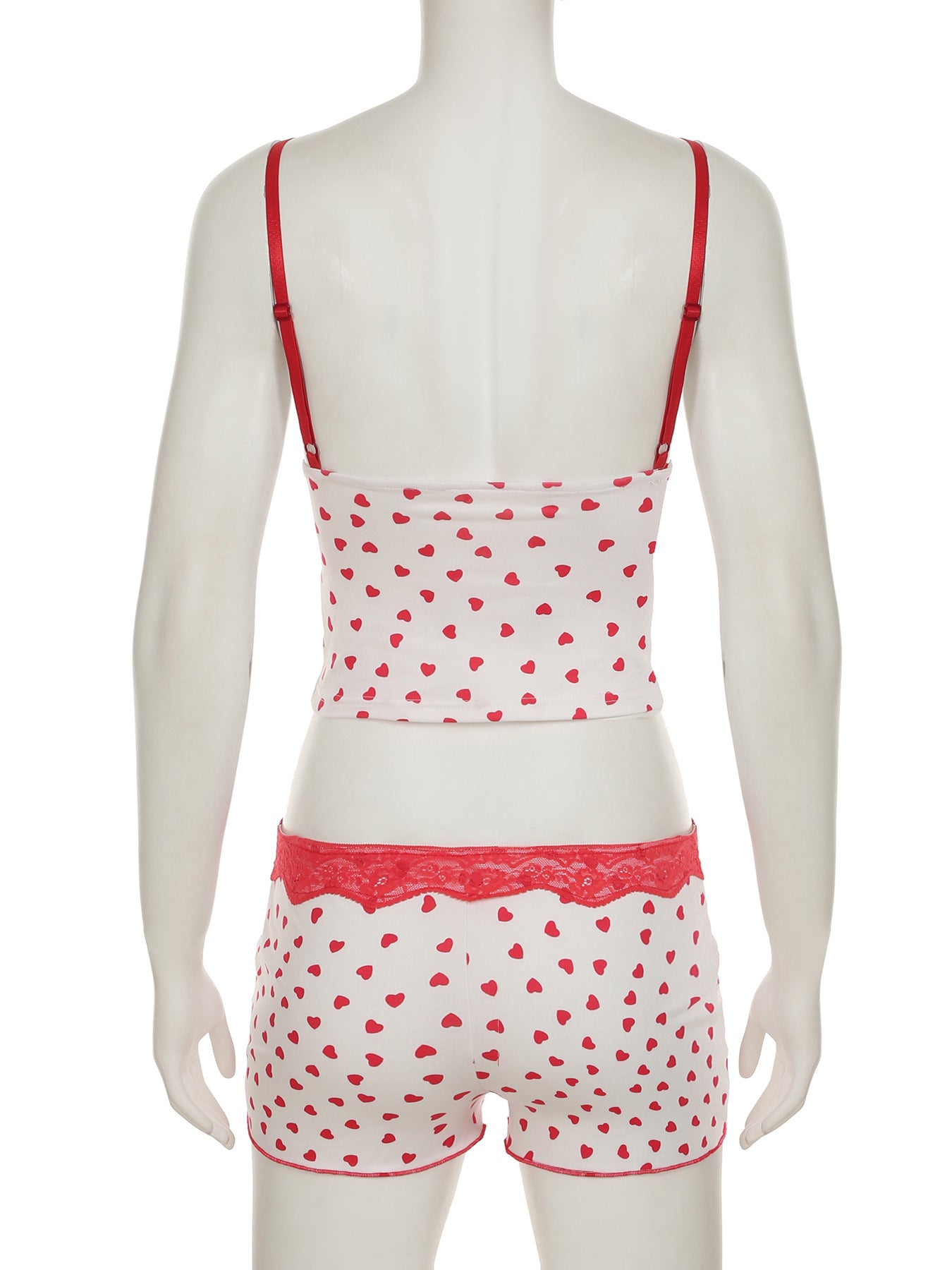 Women Heart Print Lace V-Neck Suspender Top and Shorts Two Piece Set 7