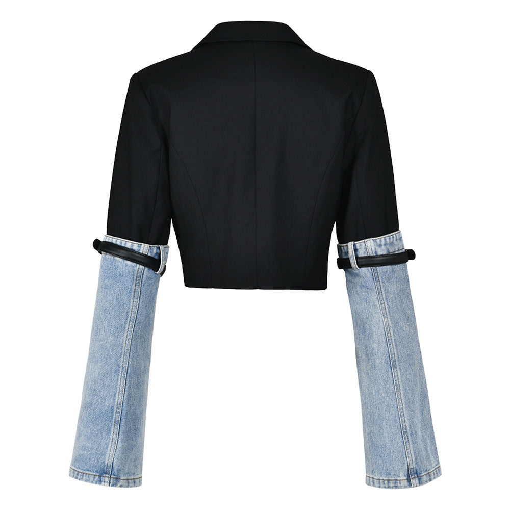 Women's Autumn Style Contrast Color Belt Patchwork Denim Jacket 6