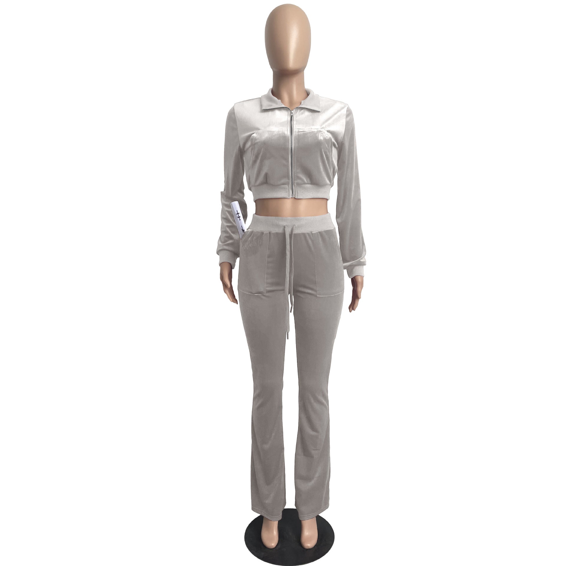 Women's Solid Color Velvet Long Sleeve Sexy Zipper Crop Top Pants Casual Sports Two Piece Set 51