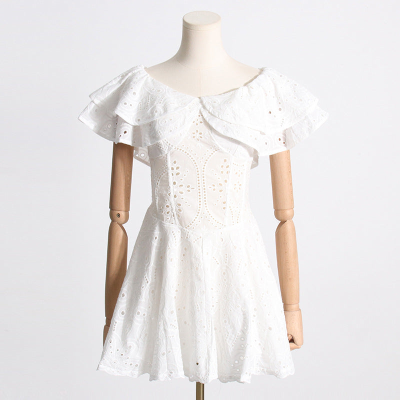 Summer Off Shoulder ruffle embroidered lace Slim Waist Slim Fit Holidays style dress 22