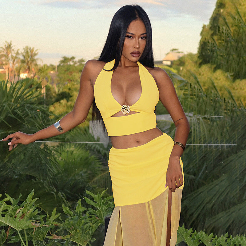 Women's Halter Neck Hollow Top & Chiffon Patchwork Skirt Two-Piece set 5