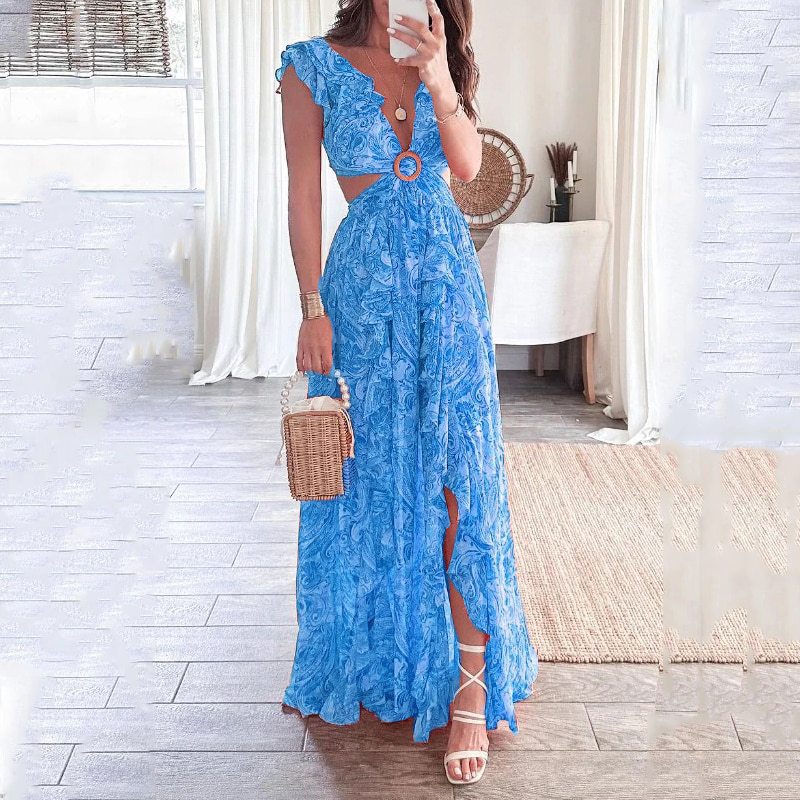 Women's Fashion Sexy V-Neck Printed Slit Long Dress