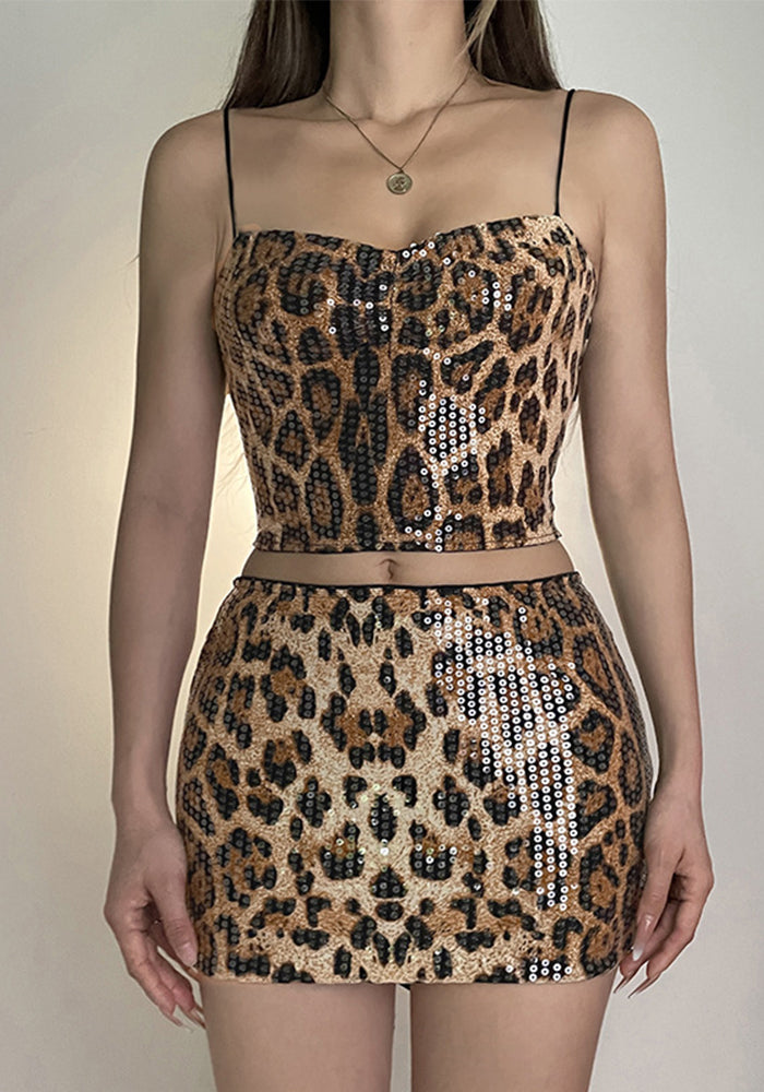 Street Fashion Leopard Print Sequin Bodycon Two-Piece Skirt Set