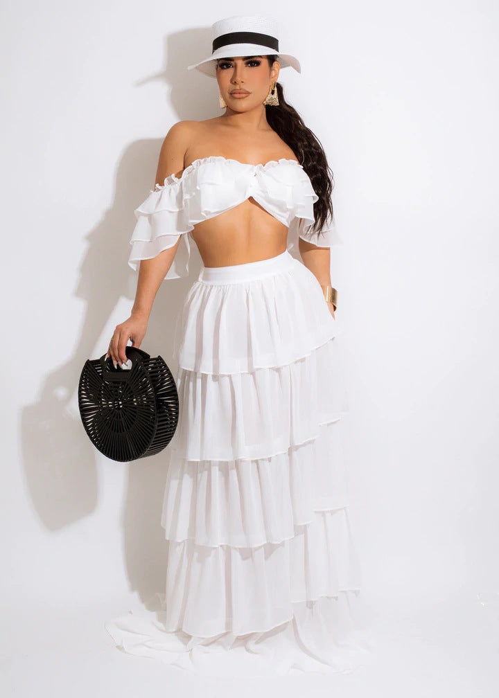 Stylish Off Shoulder Ruffled Two Piece Skirt Set 6