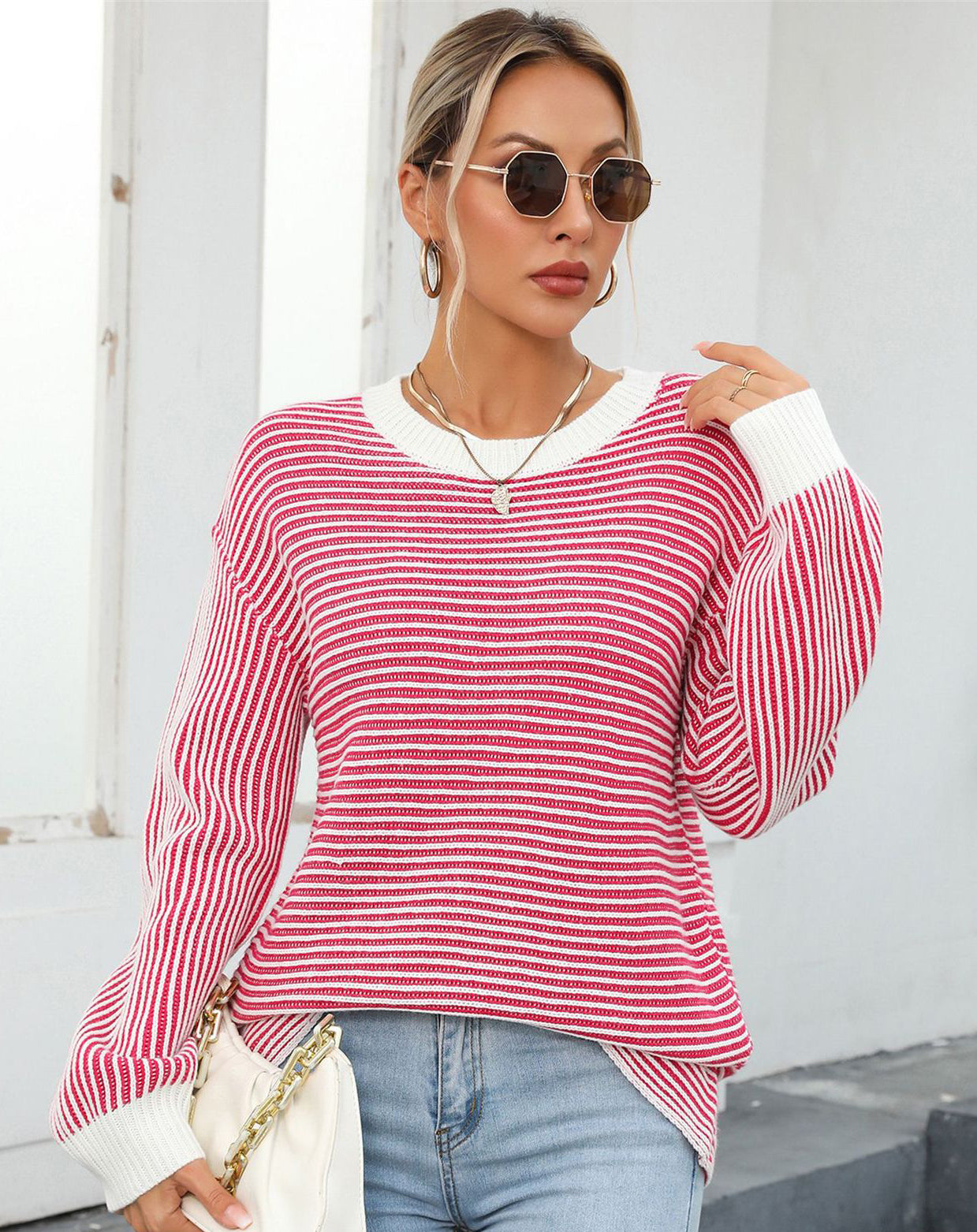 Autumn And Winter Women's Color-Blocked Round Neck Pullover Sweater Striped Knitting Top 8