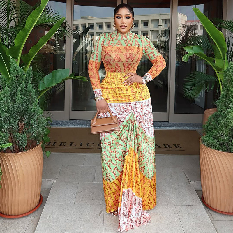 Printed Chic Women's Slim Waist High-Neck Long-Sleeve Sheer Patchwork Long Dress