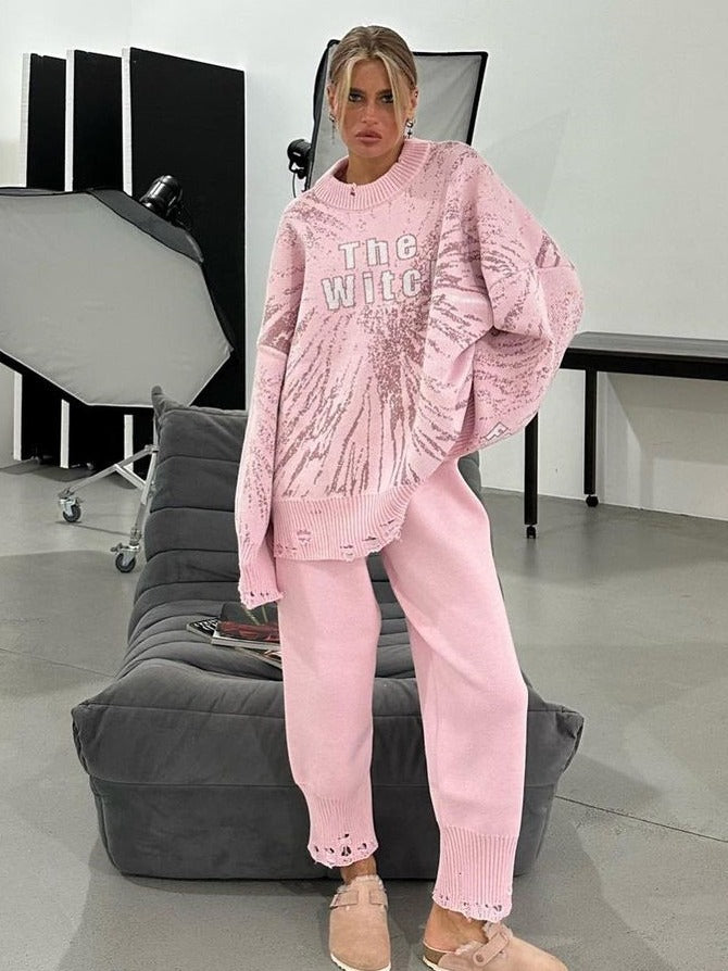 Women Casual Knitting Loose Ragged Sweater Pants Two-piece Set 5