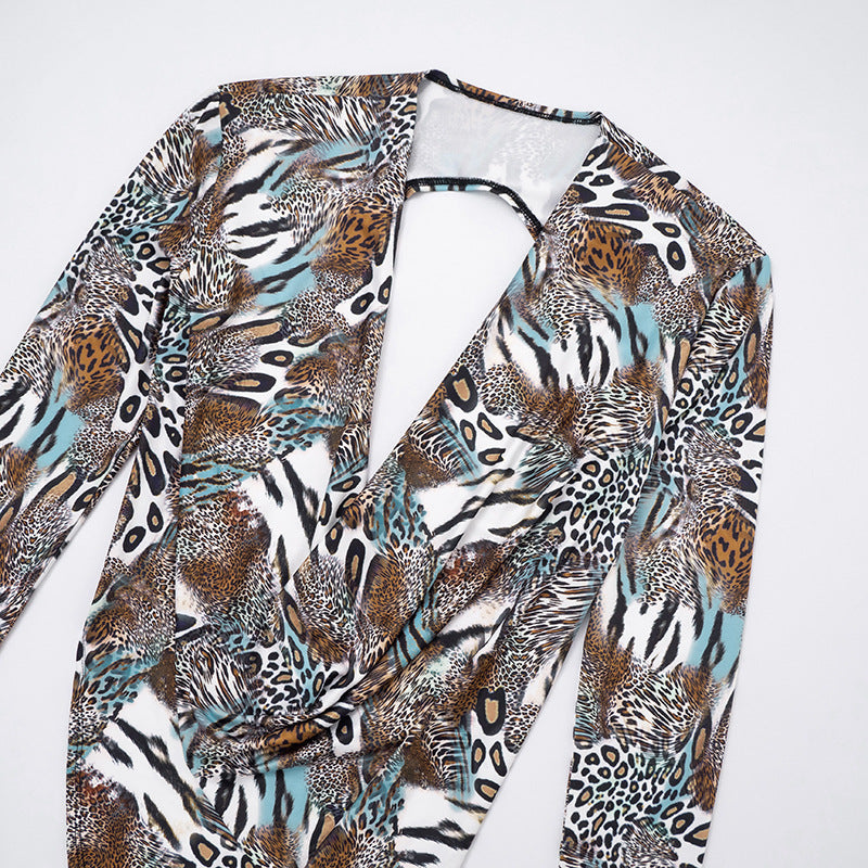 Women Fall Gradient Leopard Print Long-Sleeved Backless Top and Shorts Two-Piece Set 19