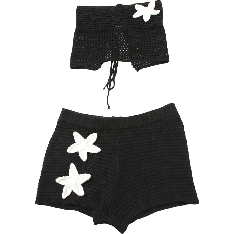 Women's Summer Sexy Strapless Floral Knitted Shorts Set 11