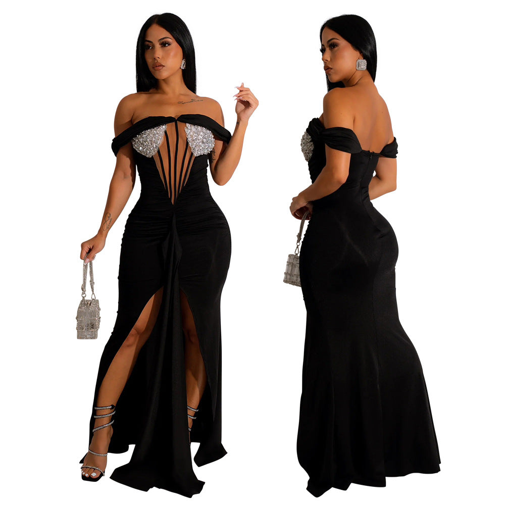 Women Off Shoulder Sequin Slit Dress