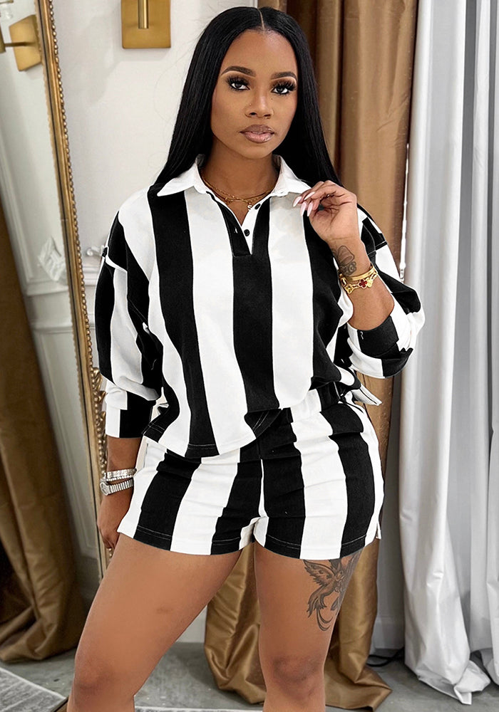 Women Summer Casual Striped Turndown Collar Top and Shorts Two-Piece Set 7