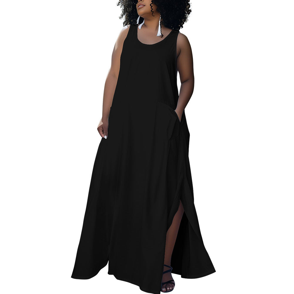 Plus Size Women Summer Pocket Sleeveless Round Neck Dress 7