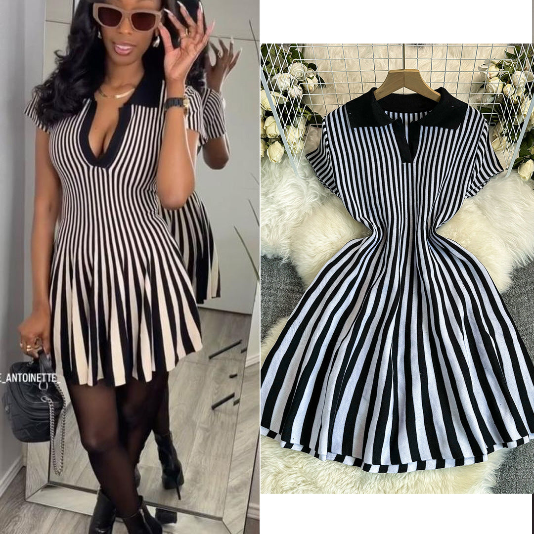 Contrast Turndown Collar Short-Sleeved Striped Women's Slim Waist Knitting Dress 9