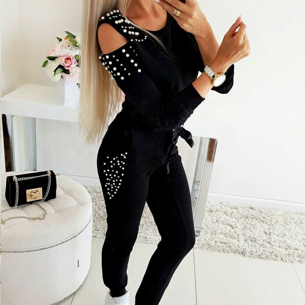 Autumn Casual Suit Sexy Beaded Solid Color Round Neck Long Sleeve Suit For Women 7