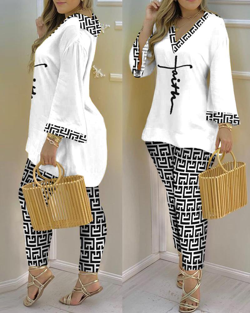 Spring Summer Print Fashion V-Neck Long Sleeve 2-Piece Pants Set 11