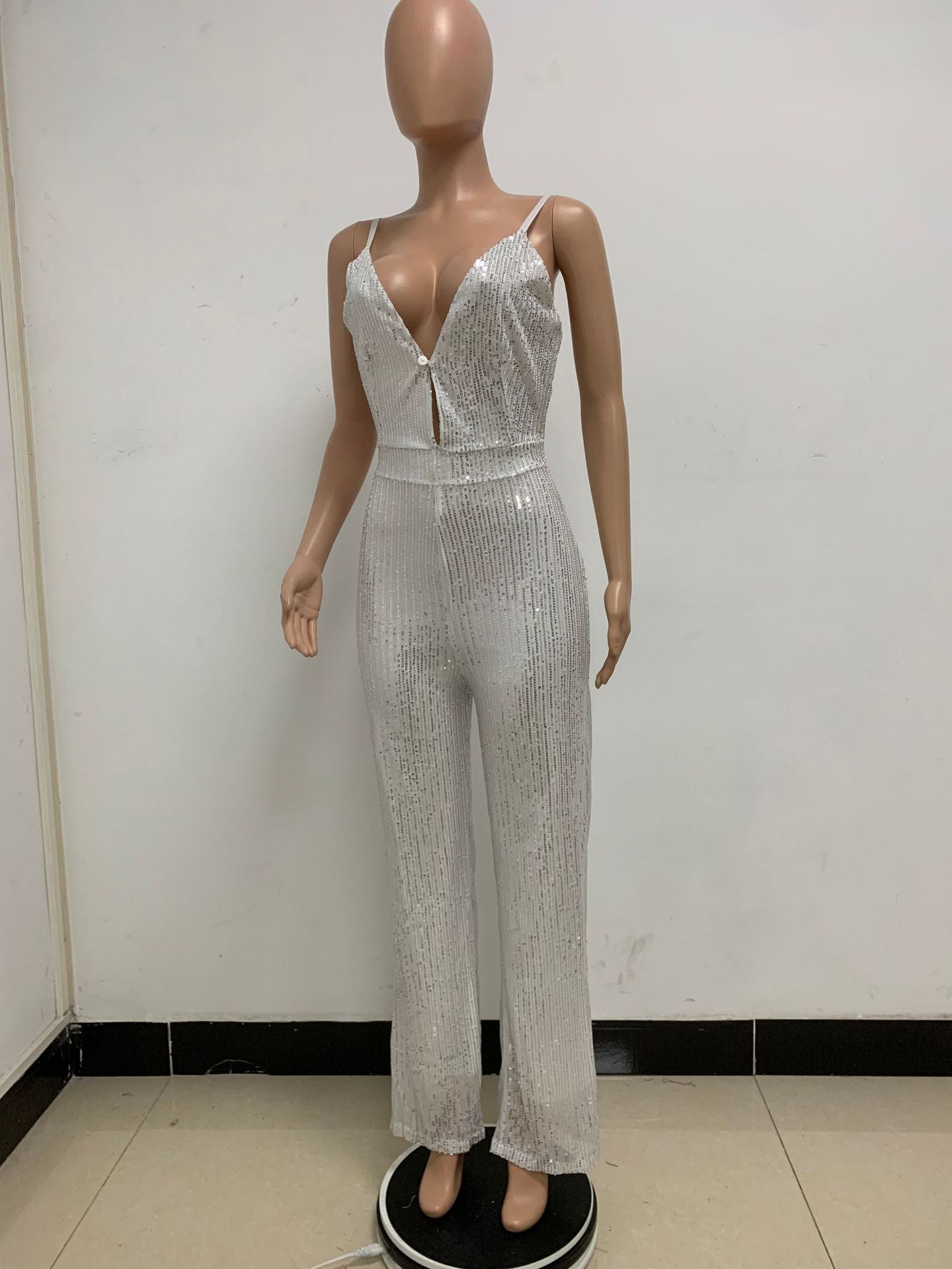 Deep V Neck Low Back Sleeveless Chic Sequined Straps Elegant Women's Party Jumpsuit 140