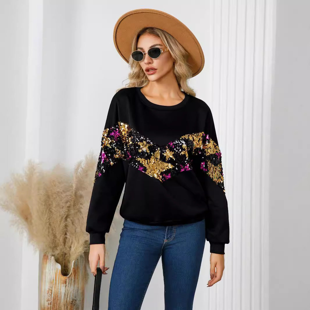 Women Casual Star Sequins Decorated Round Neck long sleeve top 5