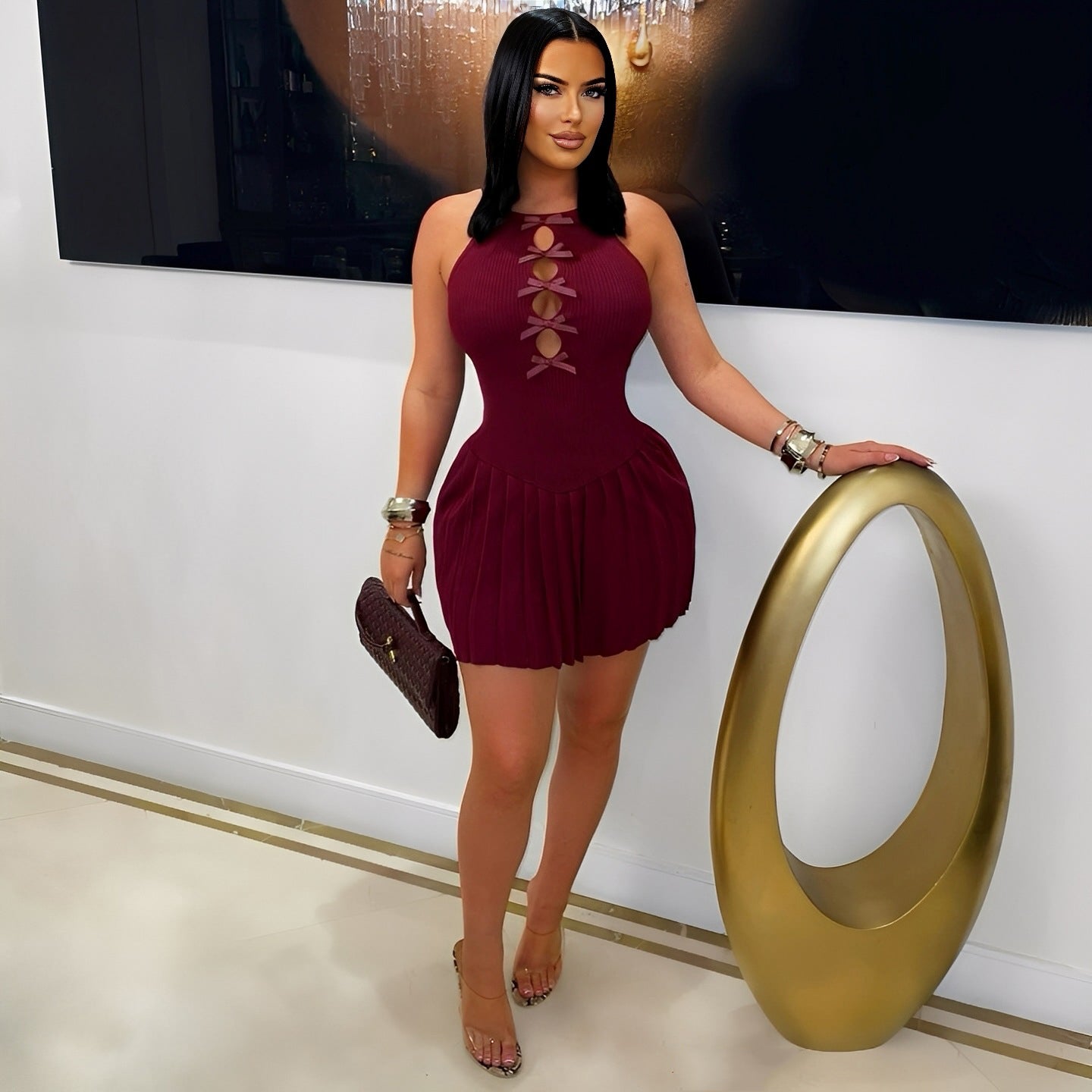 Fashion Women's Slim Fit Sexy Solid Color Ribbed Patchwork Pleated Short Dress 3