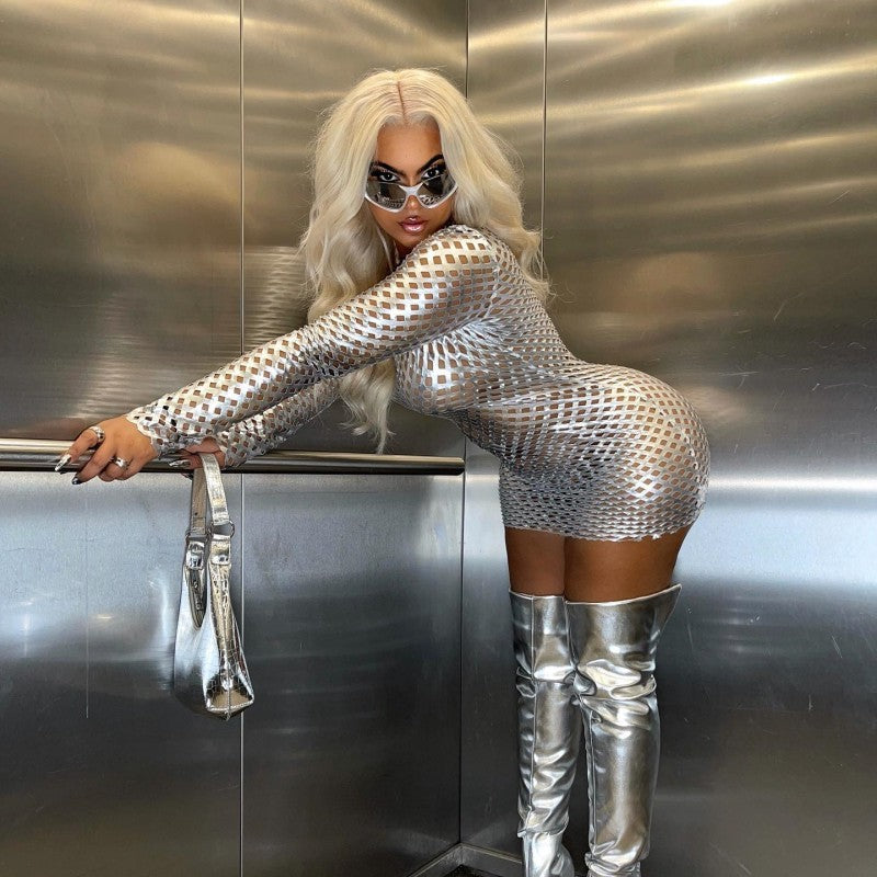 Autumn Solid Color Round Neck Hollow Long Sleeve Glossy Slim Fit Sexy Dress 4