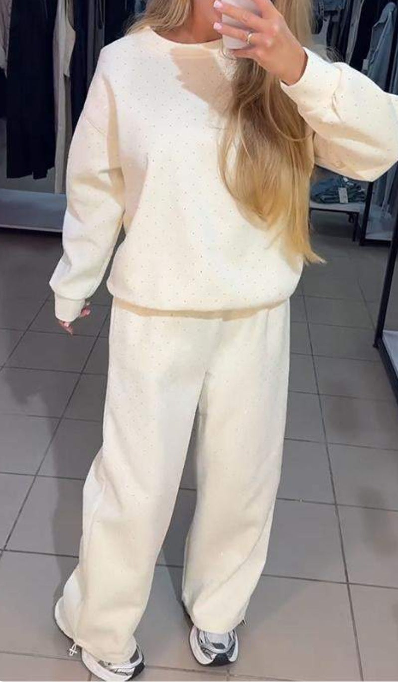 Autumn Winter Women's Clothing Casual Round Neck Long Sleeve Beaded Two Piece Pants Set