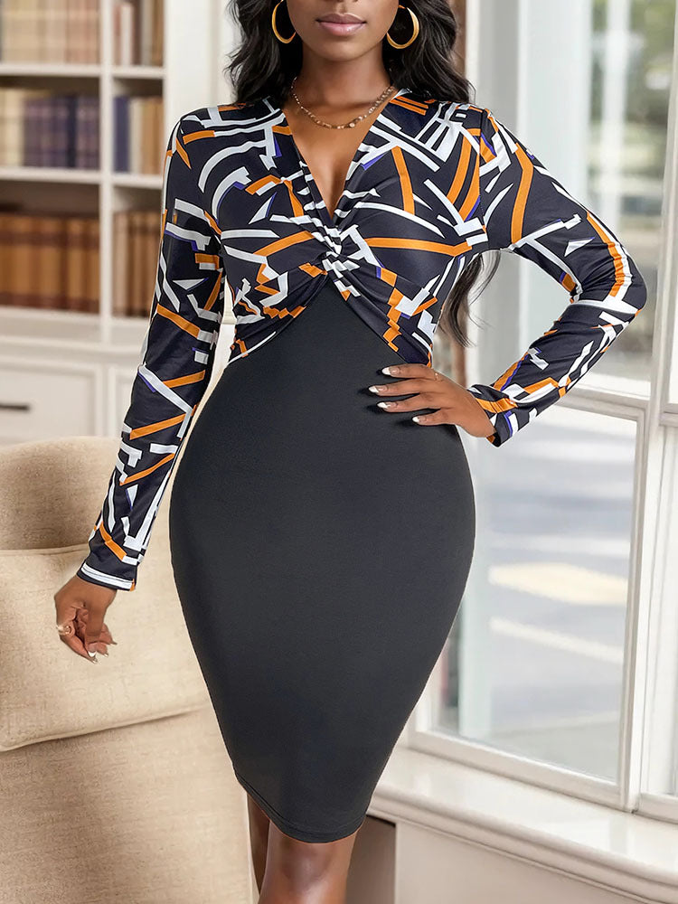 Women autumn Knot V-neck printed long-sleeved Bodycon dress 3
