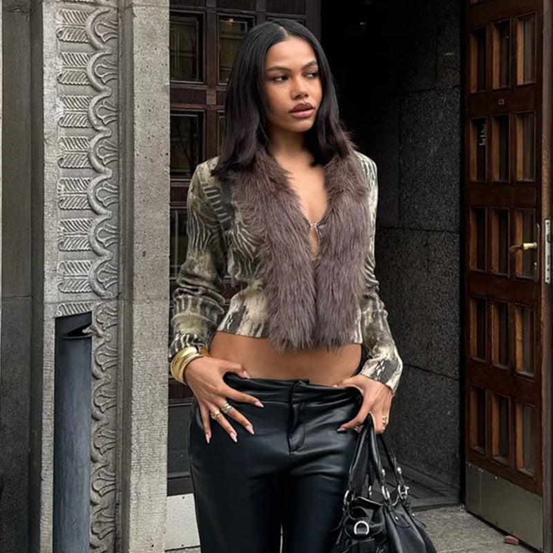 Women's Winter Fashion Furry Patchwork Sexy Top 3