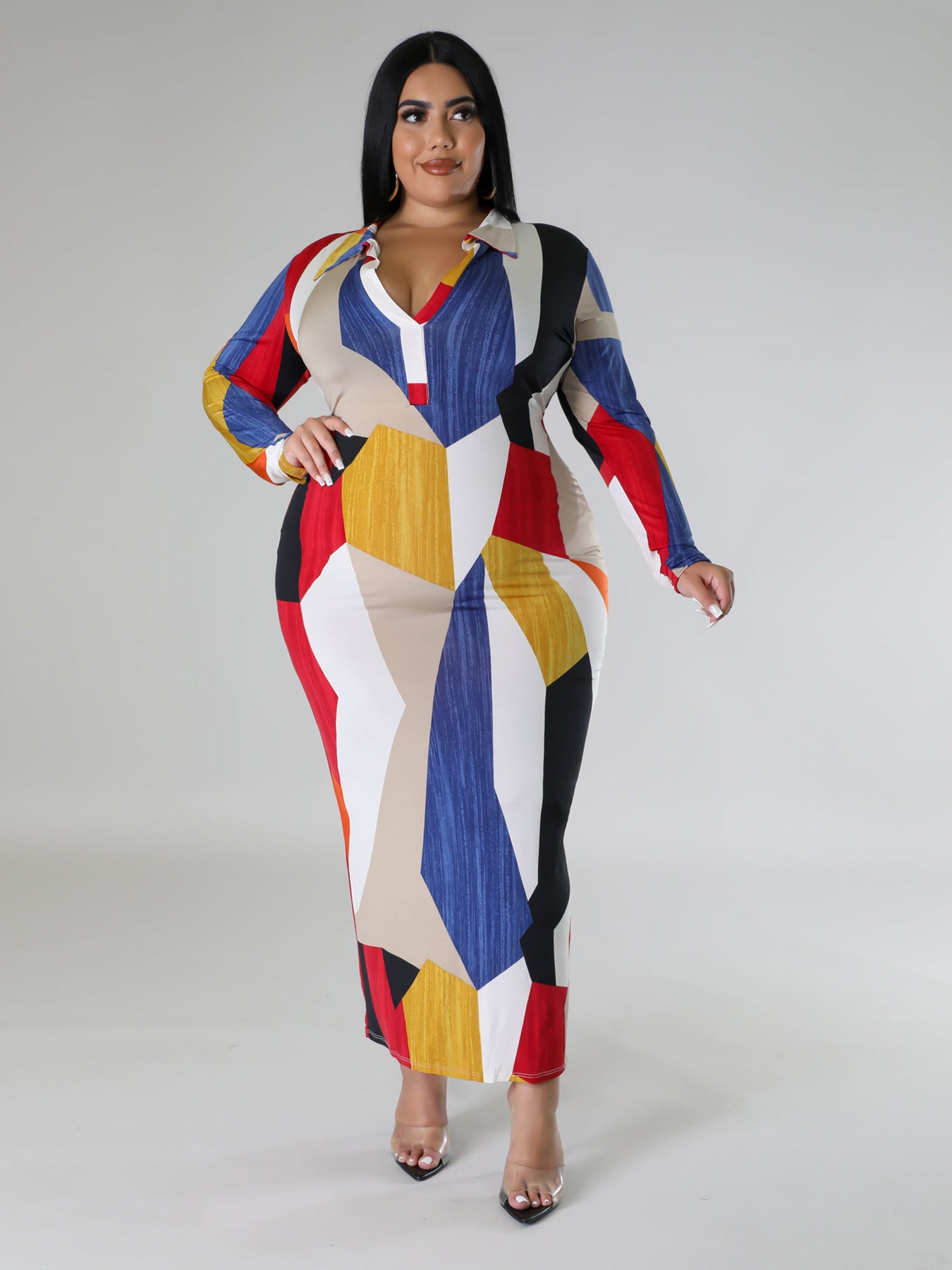 Plus Size Women Winter Turndown Collar Long Sleeve Dress