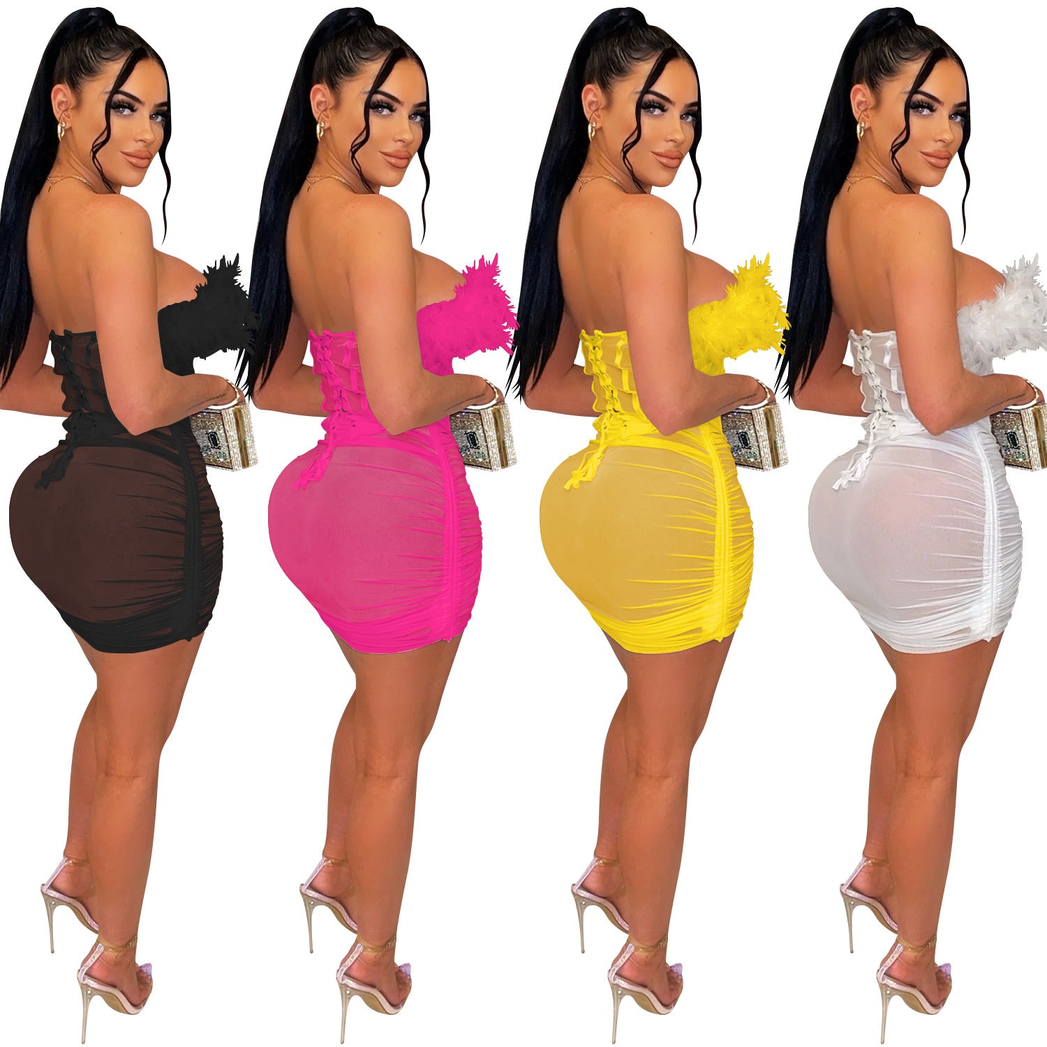 Solid Mesh See-Through Feather Lace-Up Strapless Tank Top Ruffled Midi Skirt Two Piece Set 6