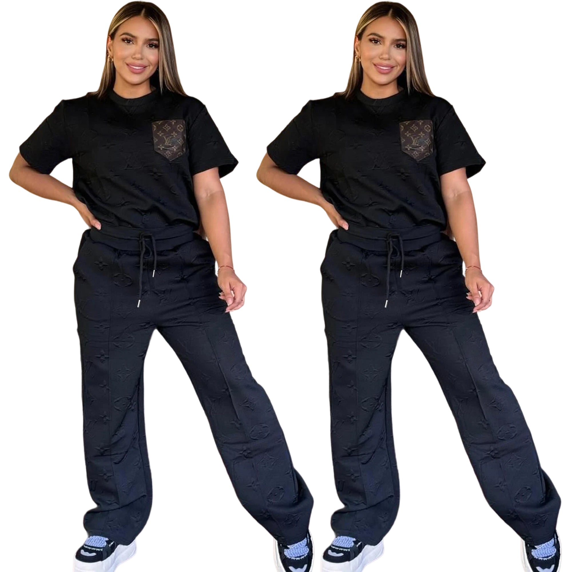 Women casual Pu-Leather pocket short-sleeved top and long pants jacquard two-piece set 13