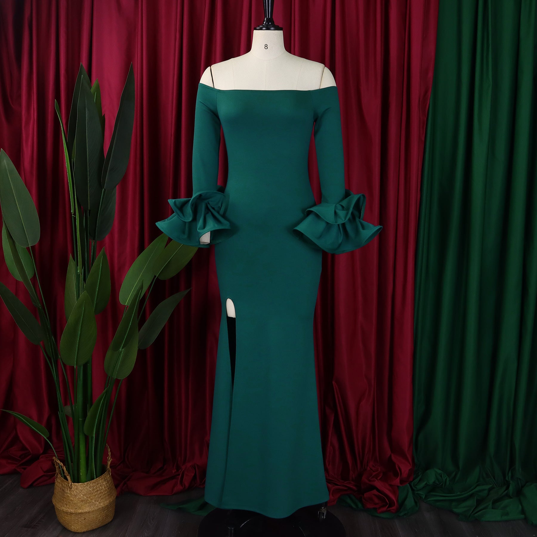 Fashionable And Elegant Off Shoulder Ruffle Sleeves Slit Formal Party Long Dress 25