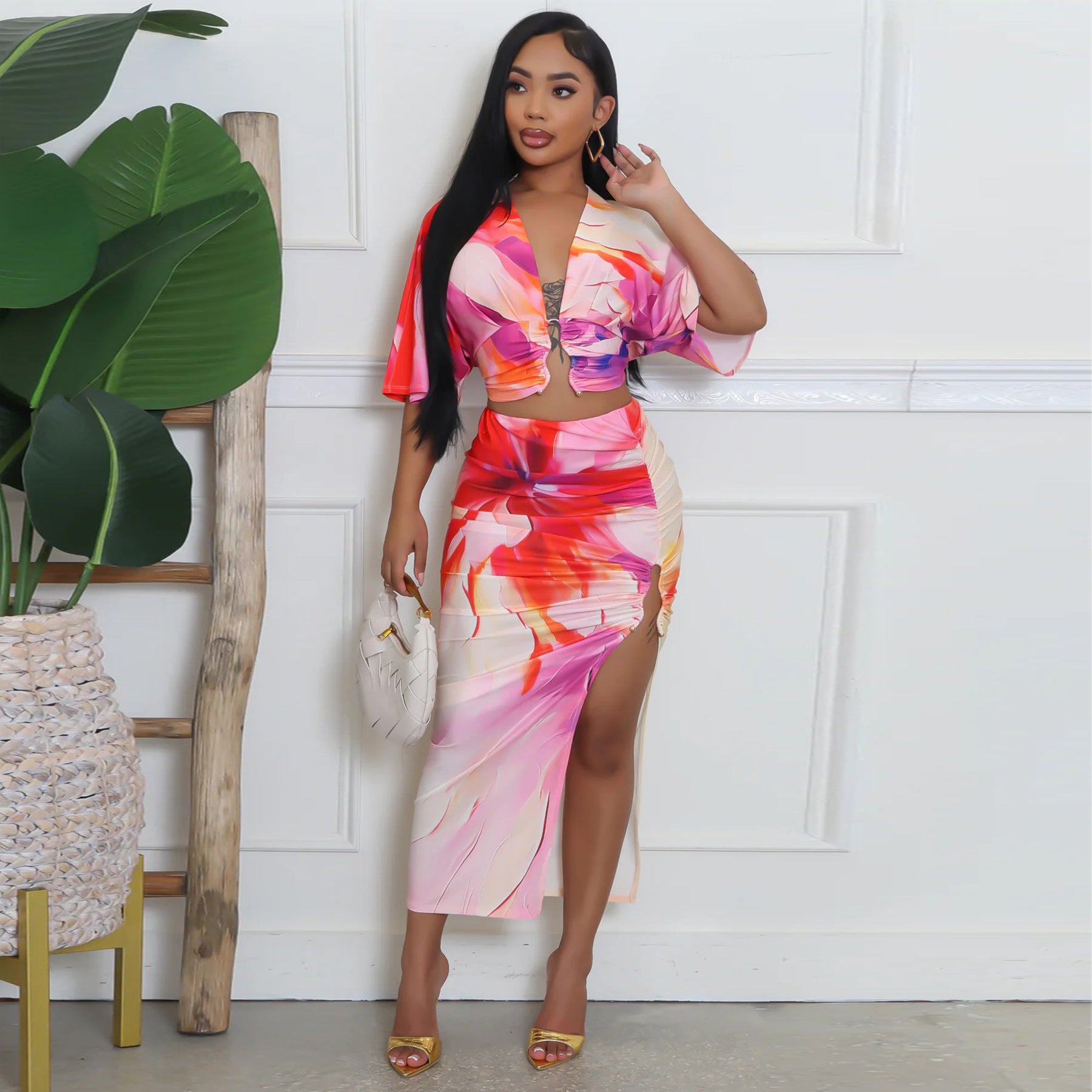 Summer Sexy Printed V Neck Top Side Slit Long Skirt Two Piece Set 26