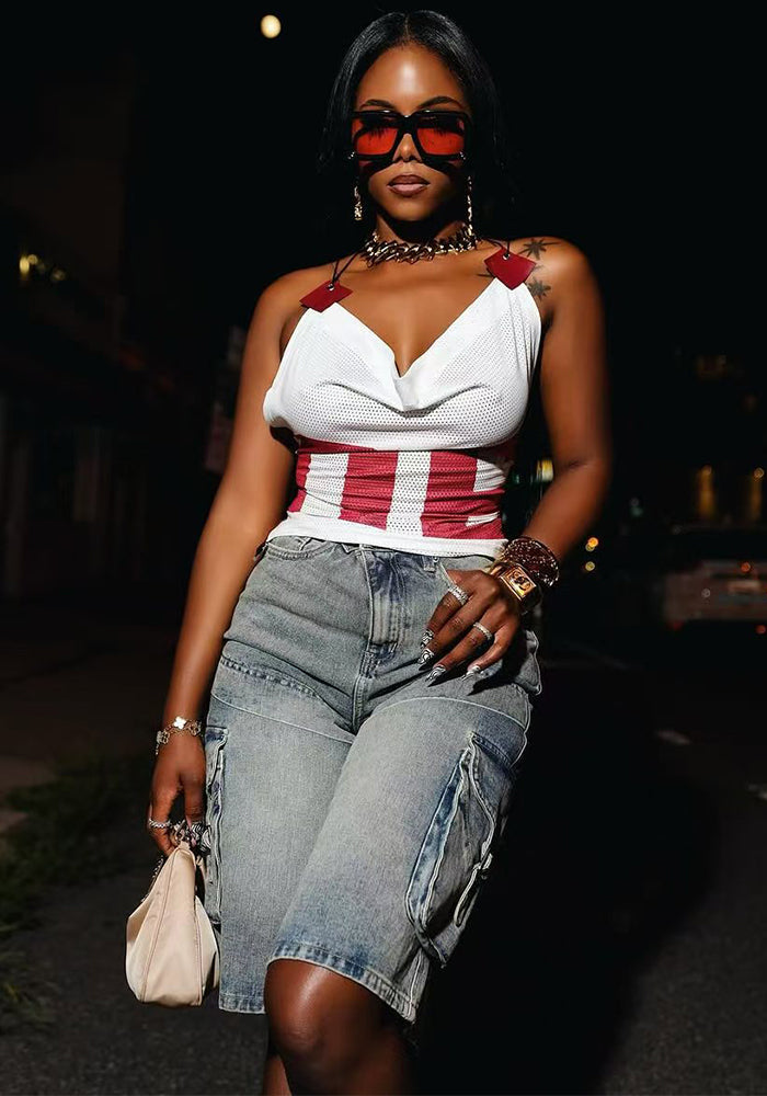 Women summer trendy cargo denim shorts