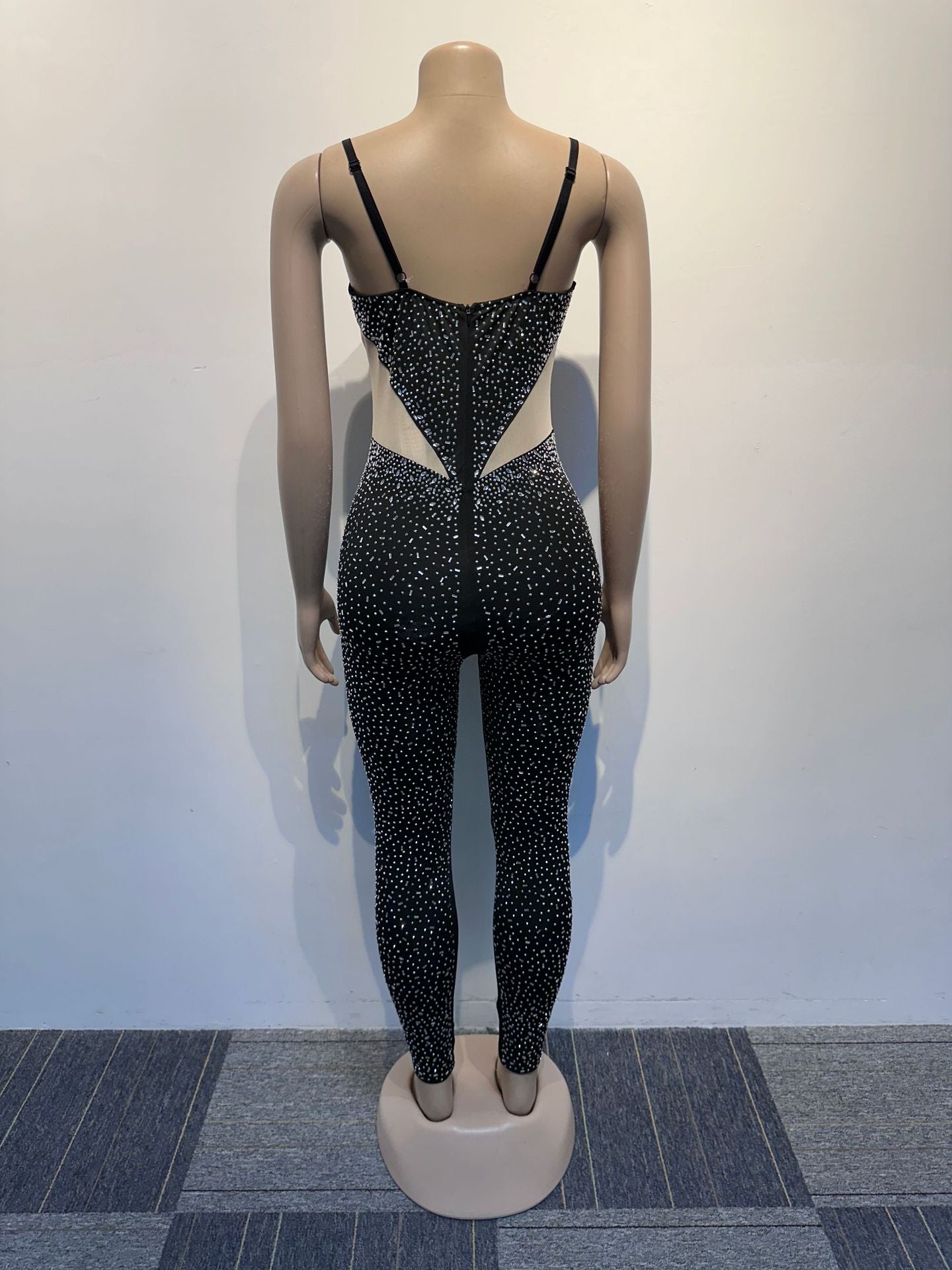Women Beaded Stretch Suspender Bodycon Jumpsuit 11
