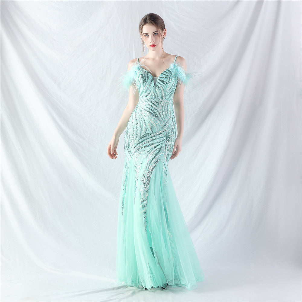feather sequin Patchwork Mesh luxury evening dress 15