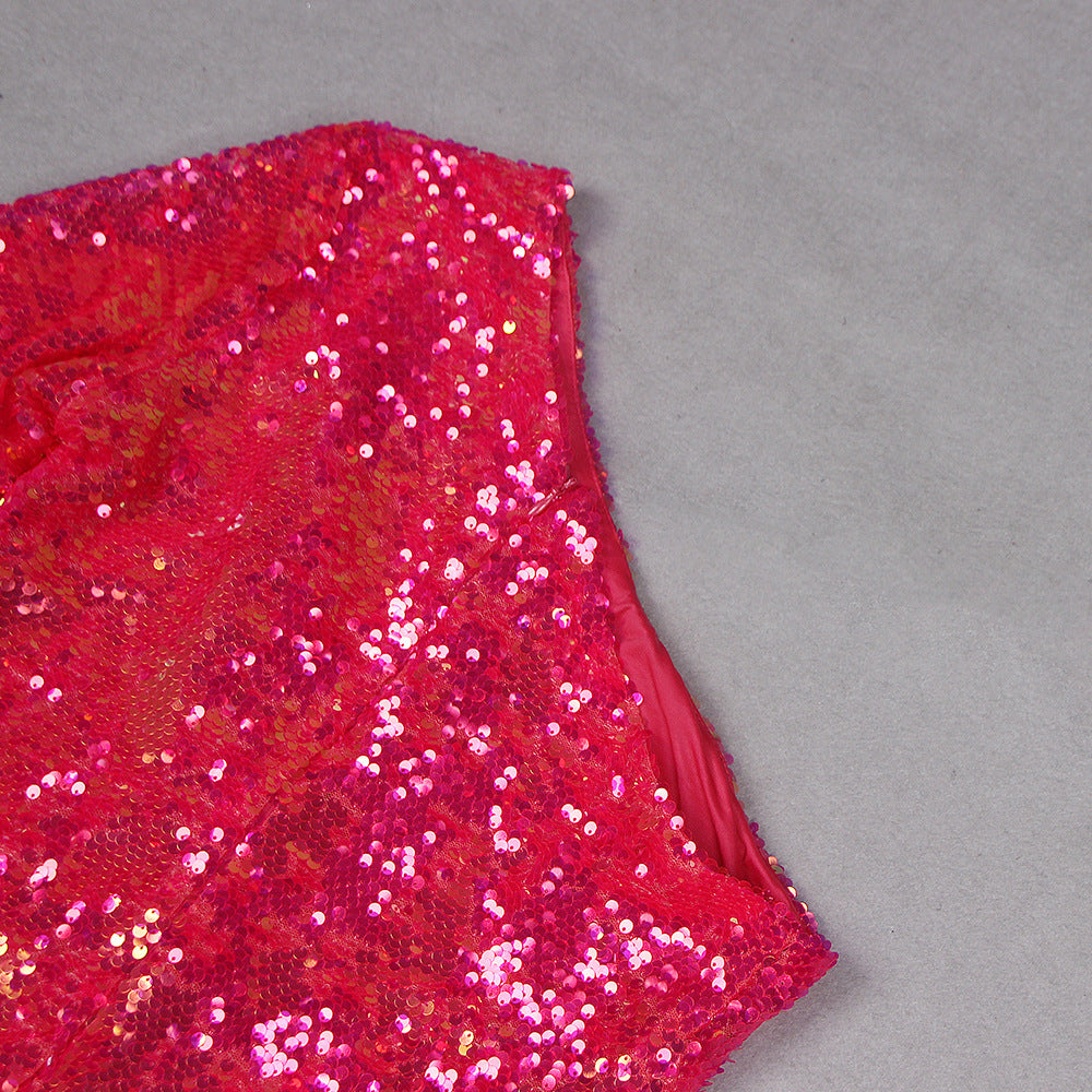 Women Sequin Formal Party One-shoulder Dress 12