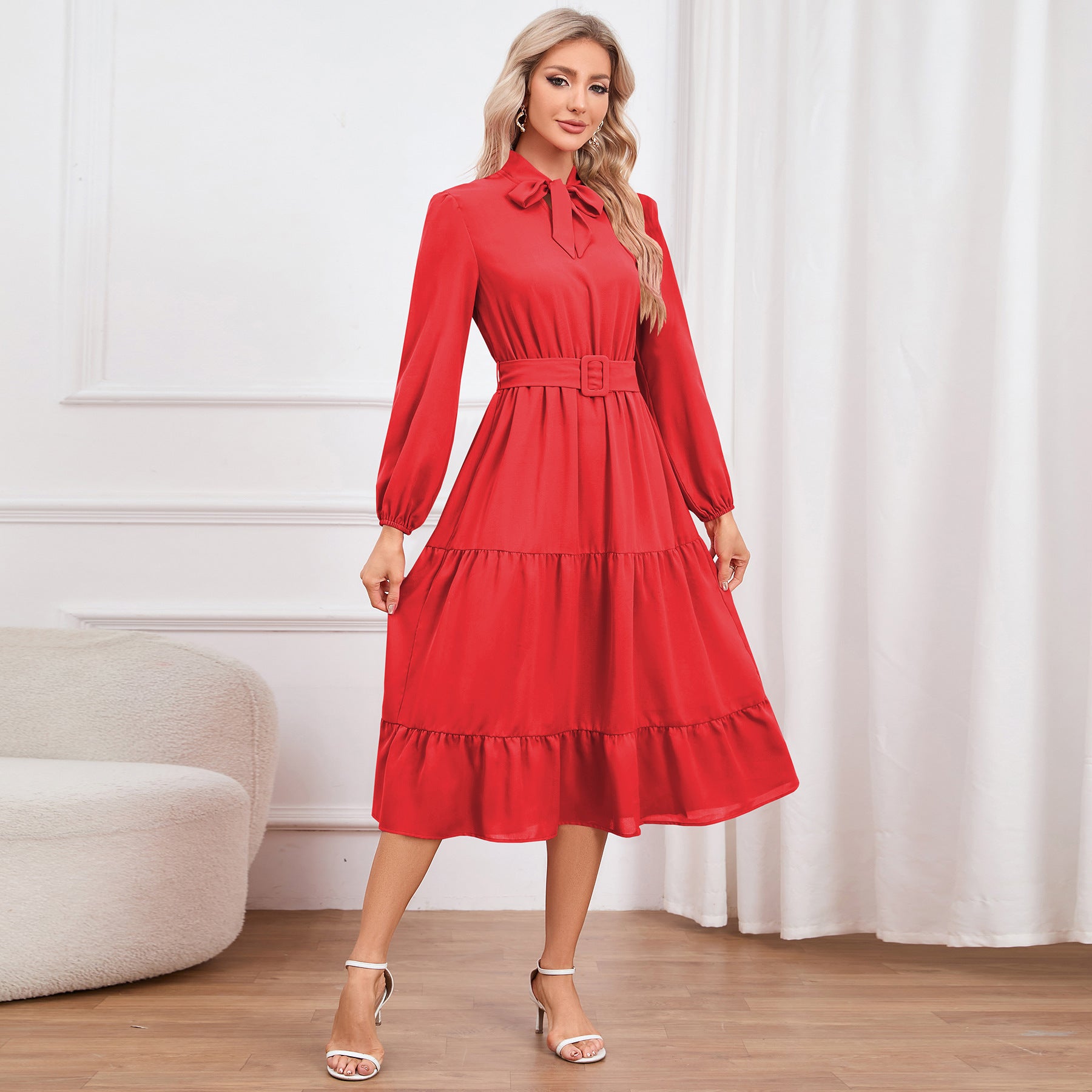 Elegant Slim Chic Tie Collar A-Line Casual Dress 4